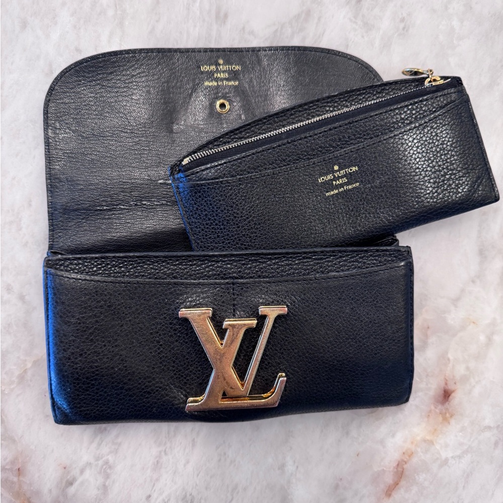 Louis Vuitton Black Leather Wallet with Gold LV Logo